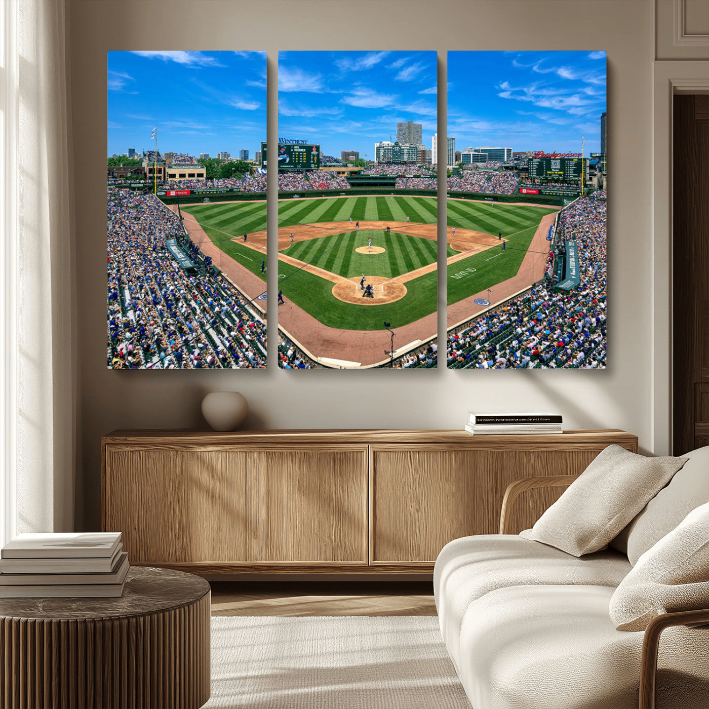 Wrigley Field Baseball Stadium Canvas Wall Art, Packed Crowd Sports Stadium Print, City Skyline Baseball Field Canvas for Game Room Decor