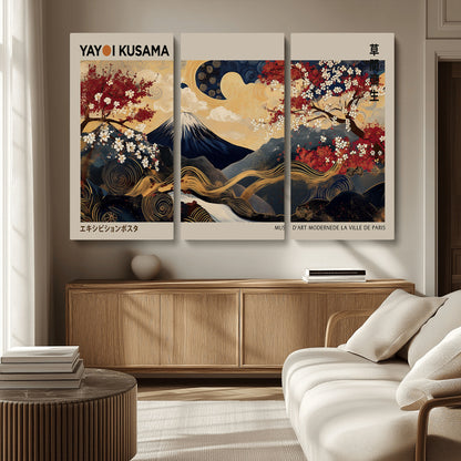 Yayoi Kusama's artwork featuring Mount Fuji, blooming cherry trees, and intricate swirls, blending traditional Japanese elements with vibrant color.