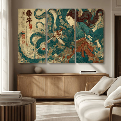 Tsukioka Yoshitoshi Samurai Wall Art Print, Japanese Katana Warrior Canvas Wall Art, Octopus Sea Monster Canvas Print,