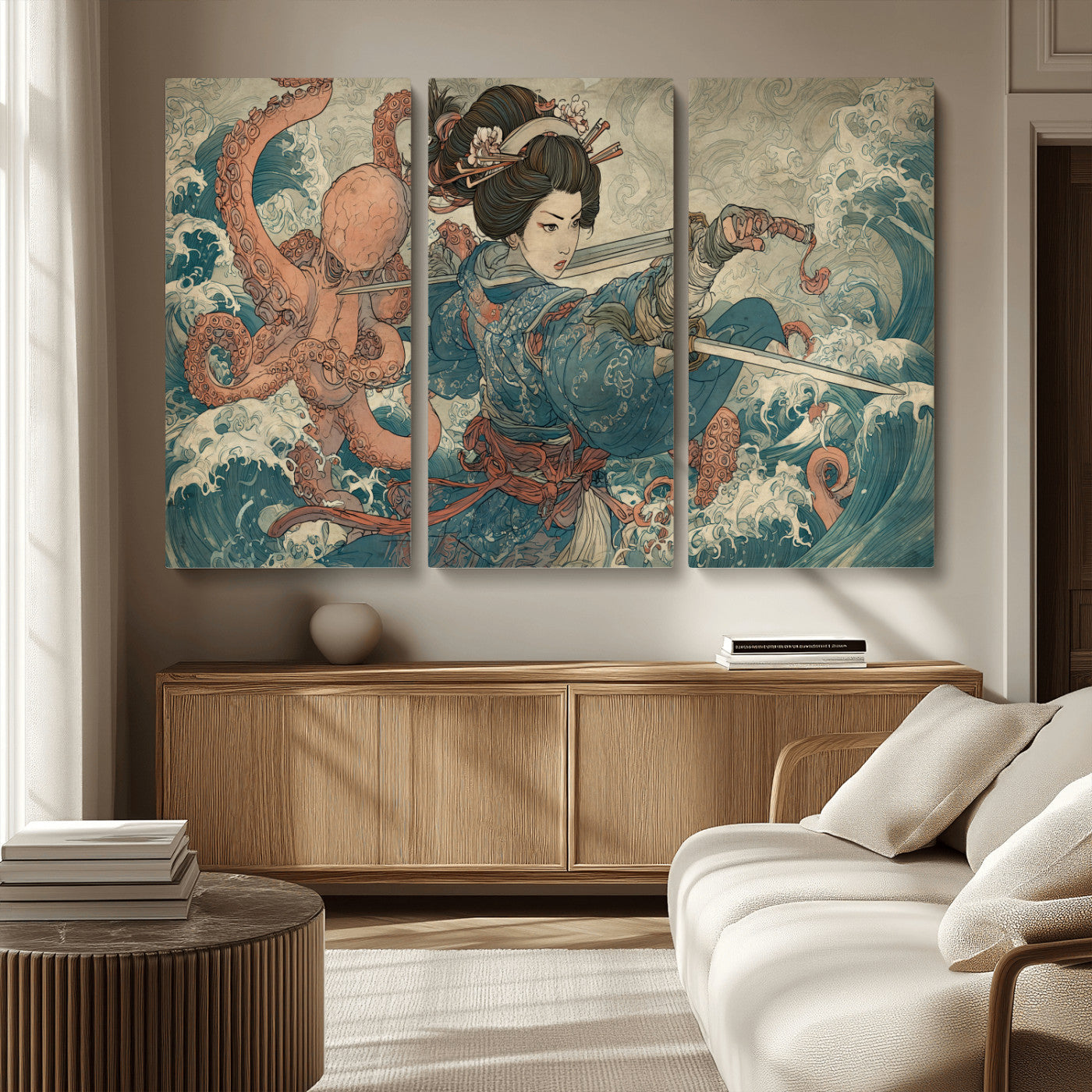 Tsukioka Yoshitoshi Samurai Wall Art Print, Japanese Katana Warrior Canvas Wall Art, Octopus Sea Monster Canvas Print,