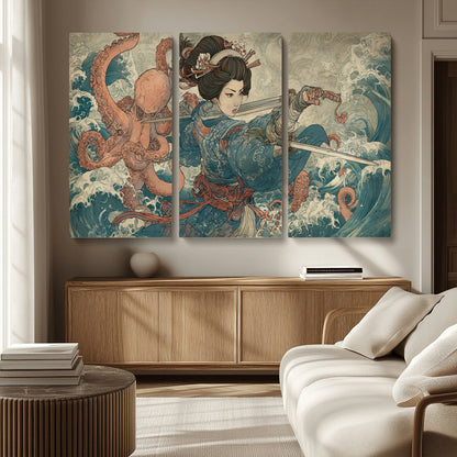 Tsukioka Yoshitoshi Samurai Wall Art Print, Japanese Katana Warrior Canvas Wall Art, Octopus Sea Monster Canvas Print,