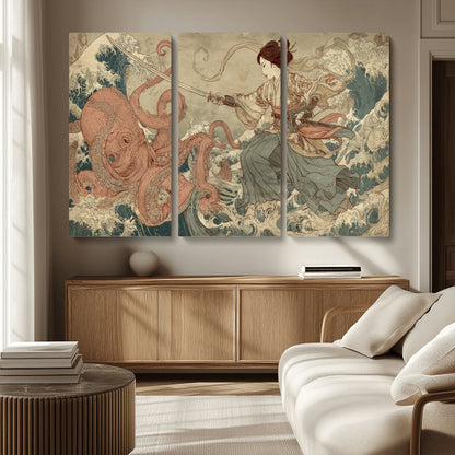Tsukioka Yoshitoshi Samurai Wall Art Print, Japanese Katana Warrior Canvas Wall Art, Octopus Sea Monster Canvas Print,