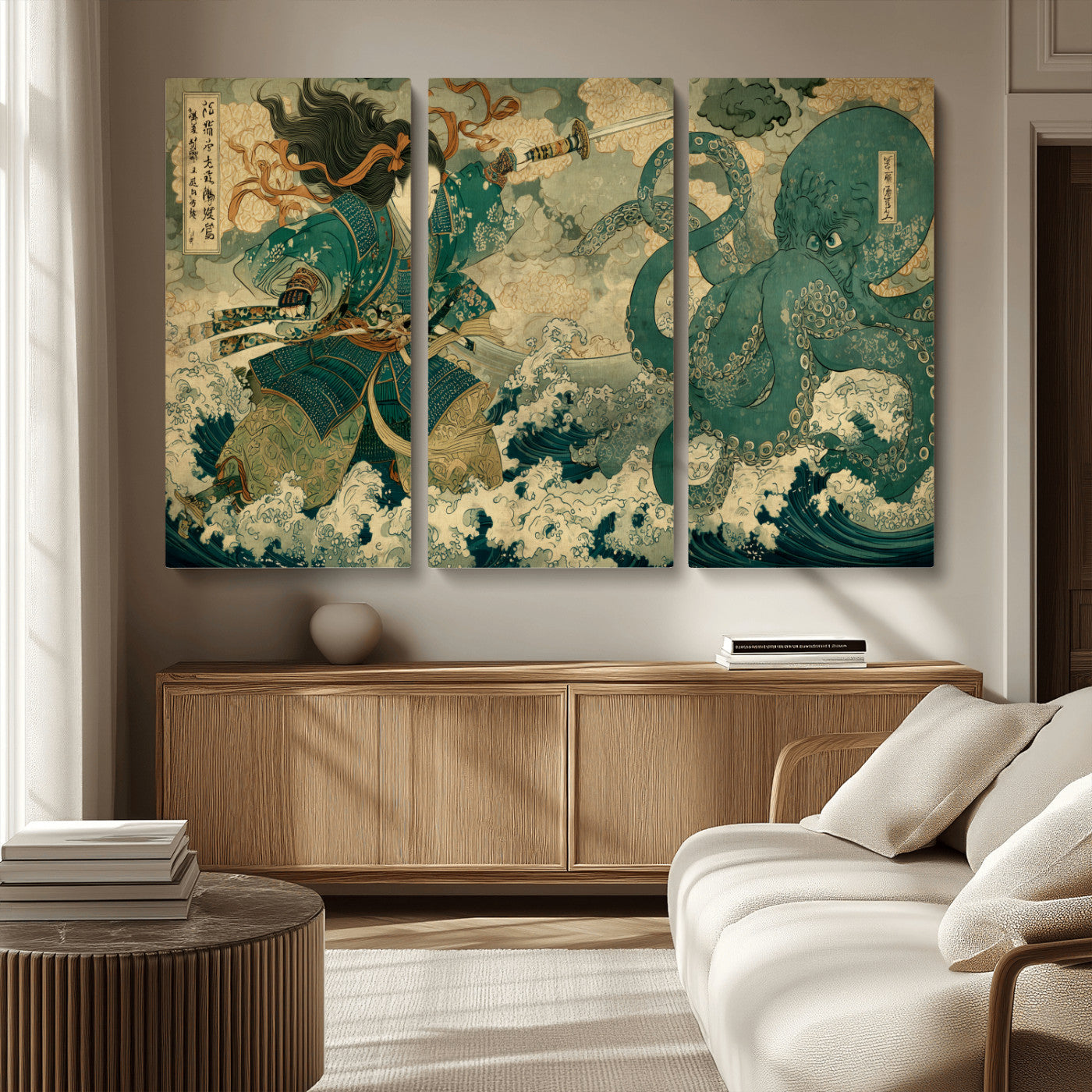 Tsukioka Yoshitoshi Samurai Wall Art Print, Japanese Katana Warrior Canvas Wall Art, Octopus Sea Monster Canvas Print,