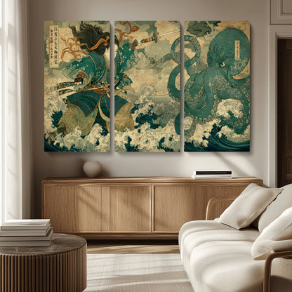 Tsukioka Yoshitoshi Samurai Wall Art Print, Japanese Katana Warrior Canvas Wall Art, Octopus Sea Monster Canvas Print,