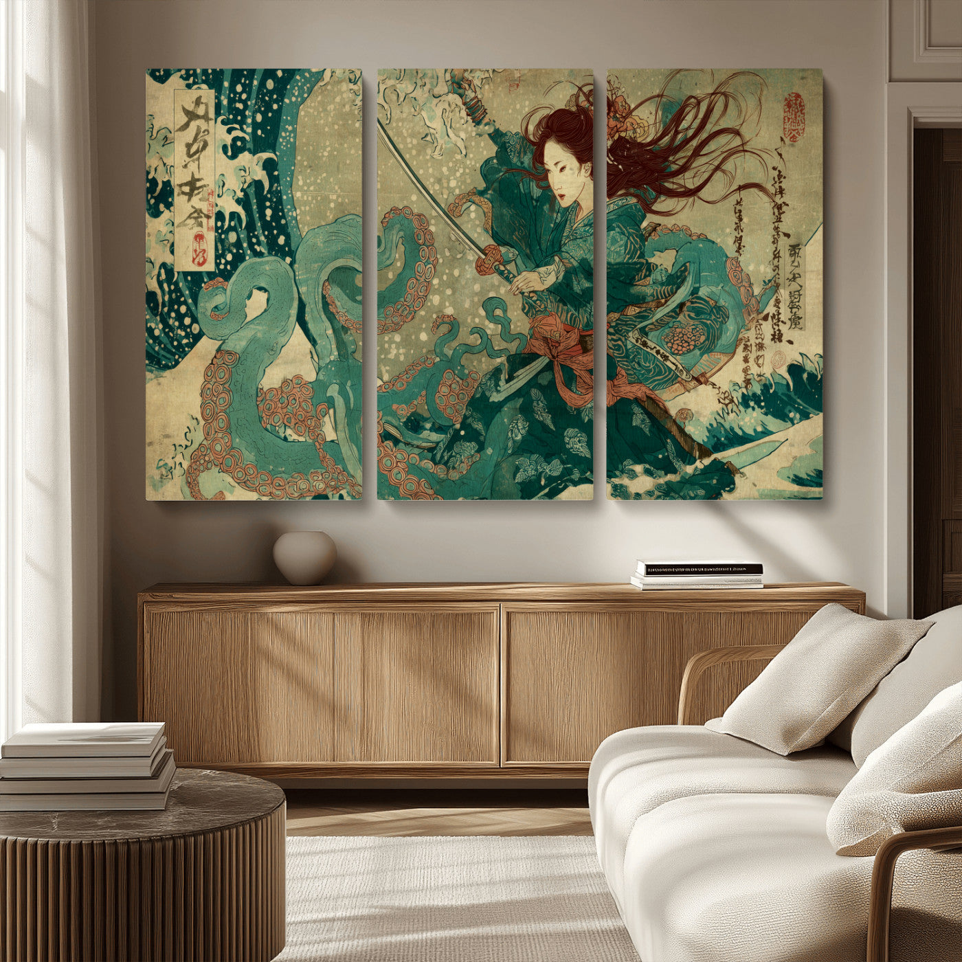 Tsukioka Yoshitoshi Samurai Wall Art Print, Japanese Katana Warrior Canvas Wall Art, Octopus Sea Monster Canvas Print,