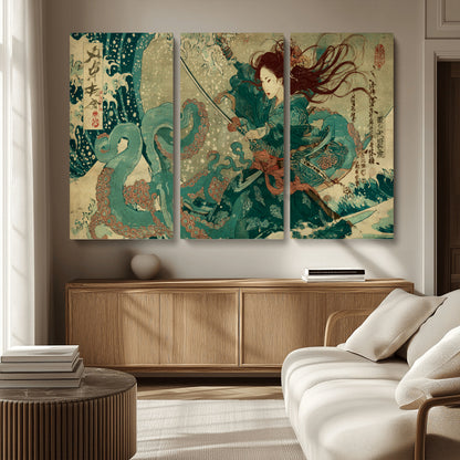 Tsukioka Yoshitoshi Samurai Wall Art Print, Japanese Katana Warrior Canvas Wall Art, Octopus Sea Monster Canvas Print,