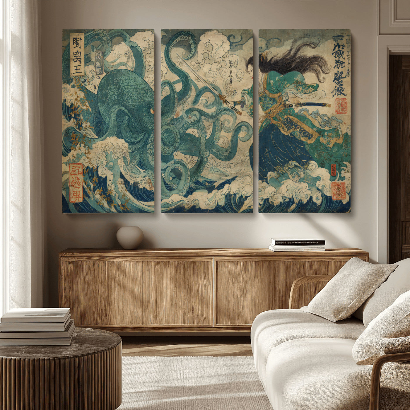 Tsukioka Yoshitoshi Samurai Wall Art Print, Japanese Katana Warrior Canvas Wall Art, Octopus Sea Monster Canvas Print,