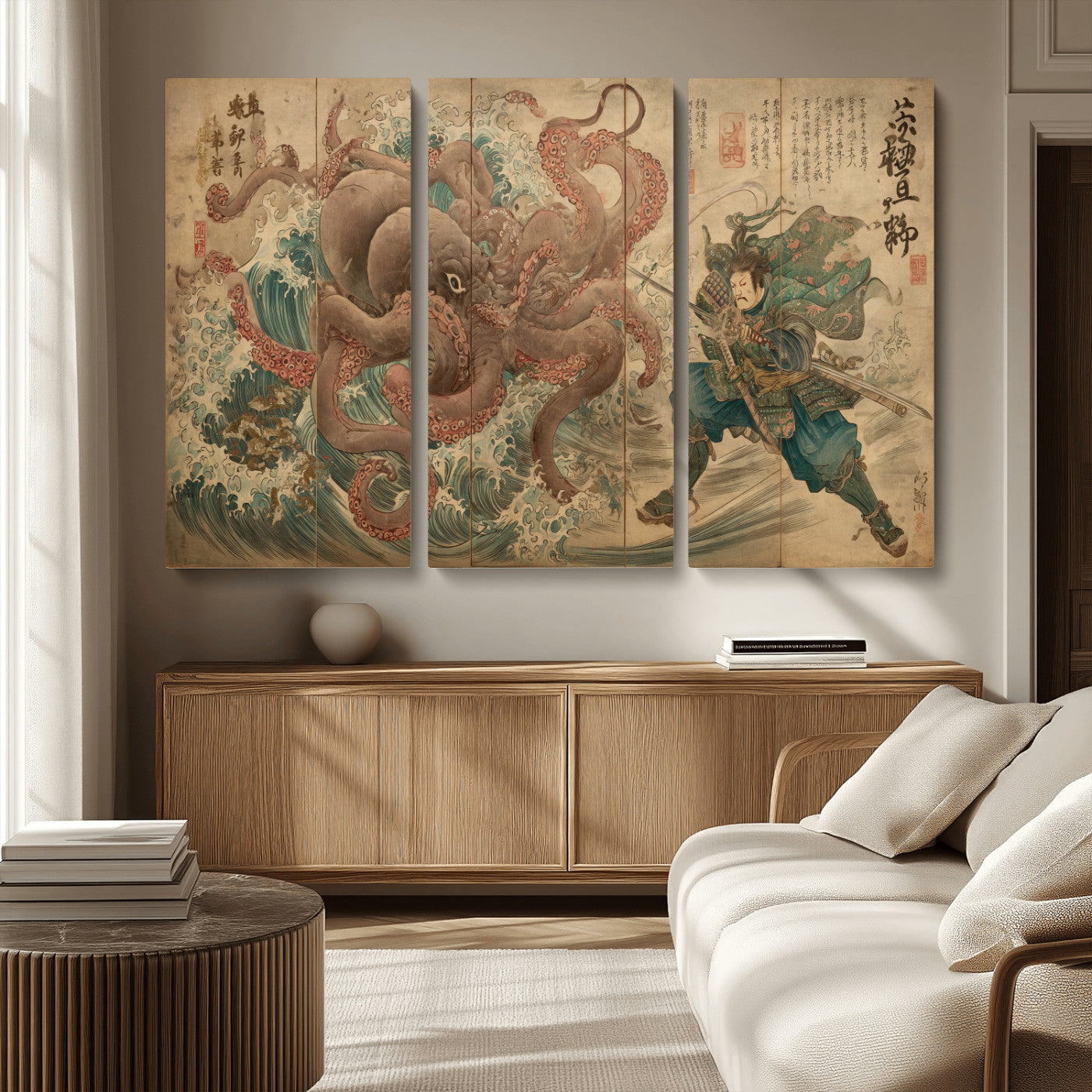 Tsukioka Yoshitoshi Samurai Wall Art Print, Japanese Katana Warrior Canvas Wall Art, Octopus Sea Monster Canvas Print,