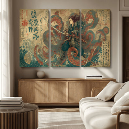 Tsukioka Yoshitoshi Samurai Wall Art Print, Japanese Katana Warrior Canvas Wall Art, Octopus Sea Monster Canvas Print,