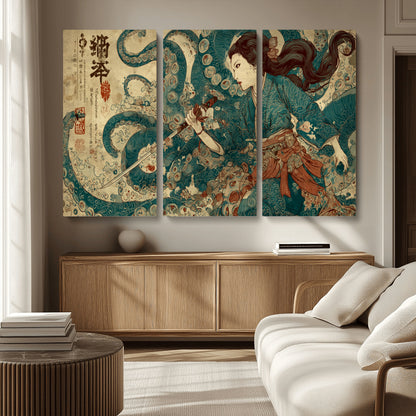 Tsukioka Yoshitoshi Samurai Wall Art Print, Japanese Katana Warrior Canvas Wall Art, Octopus Sea Monster Canvas Print,
