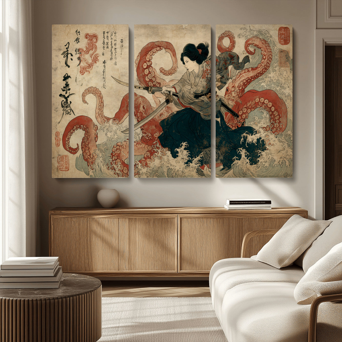 Tsukioka Yoshitoshi Samurai Wall Art Print, Japanese Katana Warrior Canvas Wall Art, Octopus Sea Monster Canvas Print,