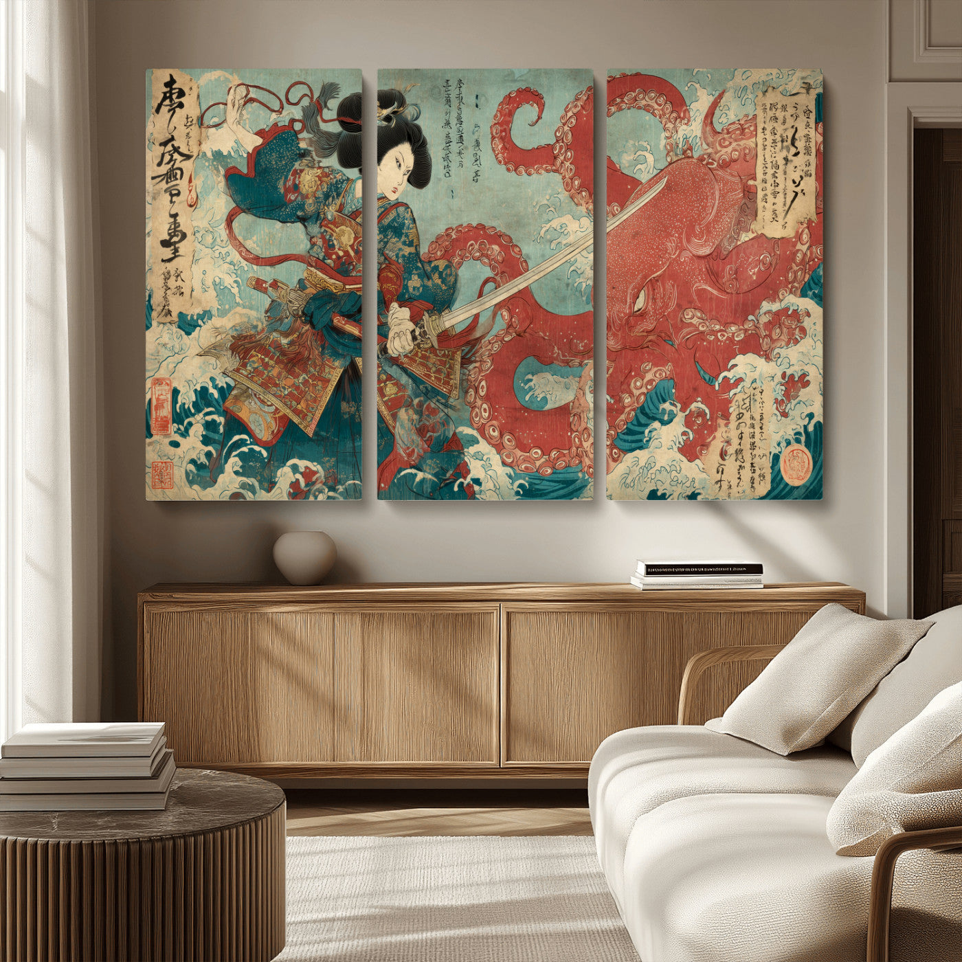 Tsukioka Yoshitoshi Samurai Wall Art Print, Japanese Katana Warrior Canvas Wall Art, Octopus Sea Monster Canvas Print,