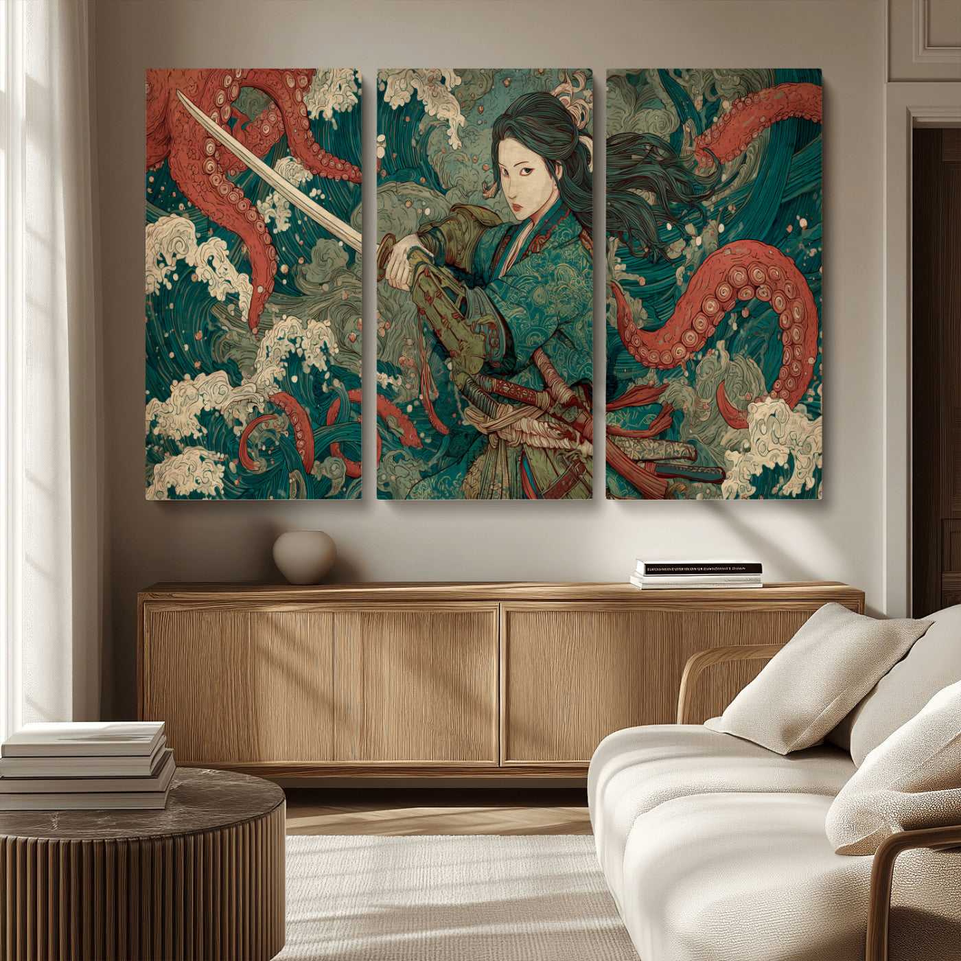 Tsukioka Yoshitoshi Samurai Wall Art Print, Japanese Katana Warrior Canvas Wall Art, Octopus Sea Monster Canvas Print,
