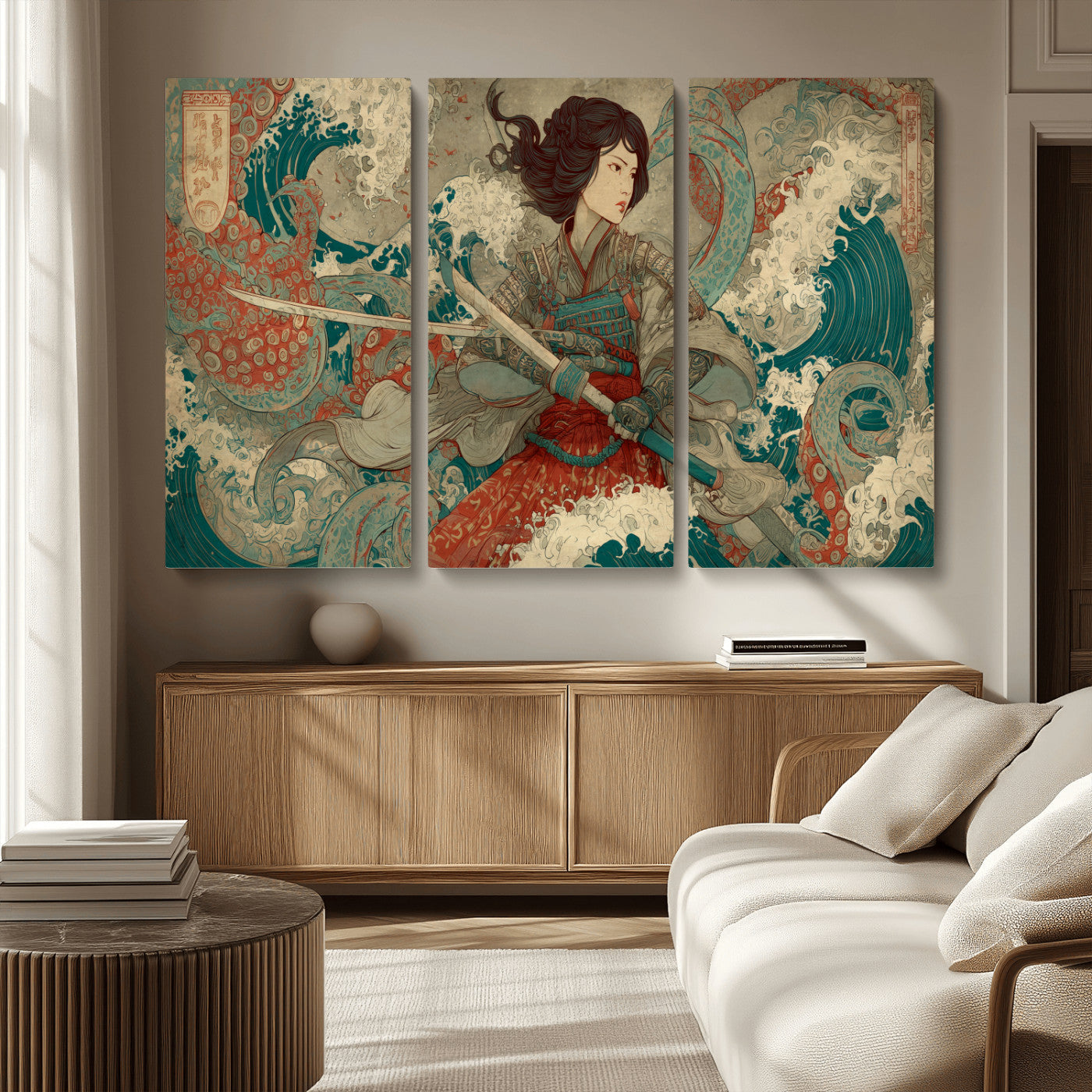 Tsukioka Yoshitoshi Samurai Wall Art Print, Japanese Katana Warrior Canvas Wall Art, Octopus Sea Monster Canvas Print,