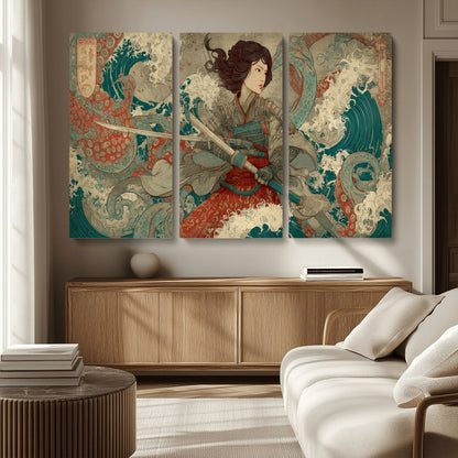 Tsukioka Yoshitoshi Samurai Wall Art Print, Japanese Katana Warrior Canvas Wall Art, Octopus Sea Monster Canvas Print,