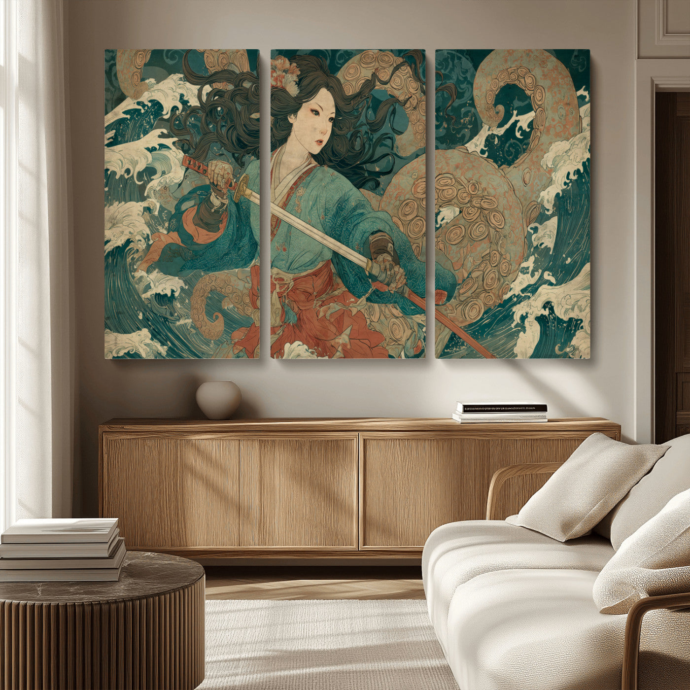 Tsukioka Yoshitoshi Samurai Wall Art Print, Japanese Katana Warrior Canvas Wall Art, Octopus Sea Monster Canvas Print,