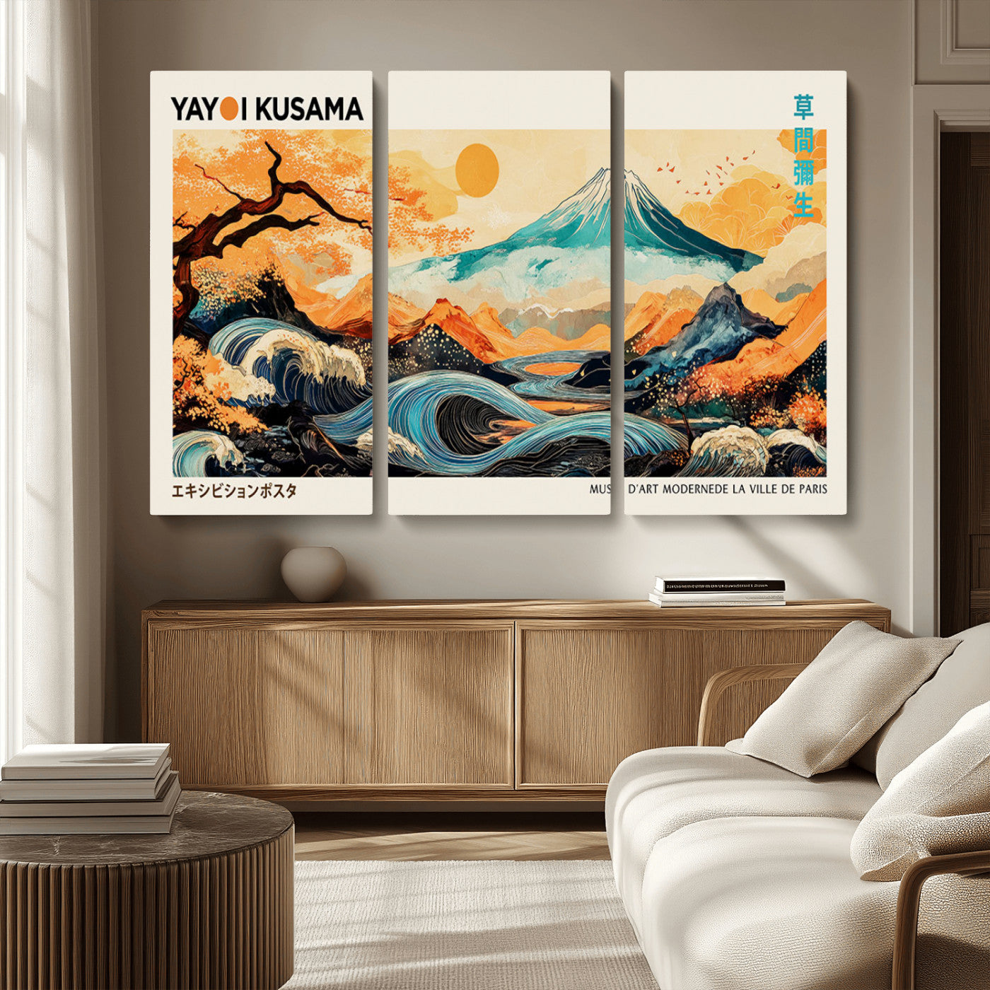 Modern Japanese-style art print featuring a stylized Mount Fuji, flowing waves, and vibrant landscapes in bold colors, inspired by traditional and contemporary aesthetics.
