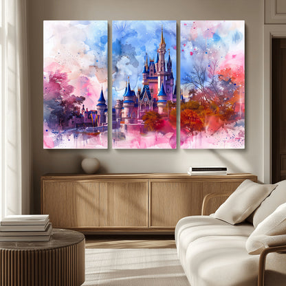Watercolor canvas of a dreamy Disney-style castle in pastel pink and blue tones, perfect for fairytale or whimsical home decor.