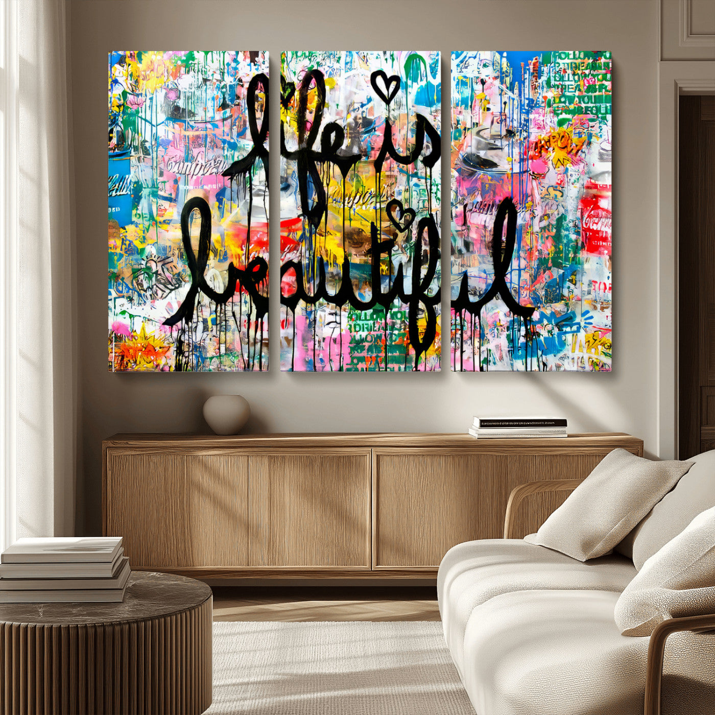 Colorful urban-style canvas with graffiti text “Life is Beautiful” in black paint, ideal for bold or street-themed home decor.