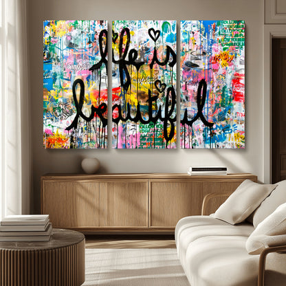 Colorful urban-style canvas with graffiti text “Life is Beautiful” in black paint, ideal for bold or street-themed home decor.