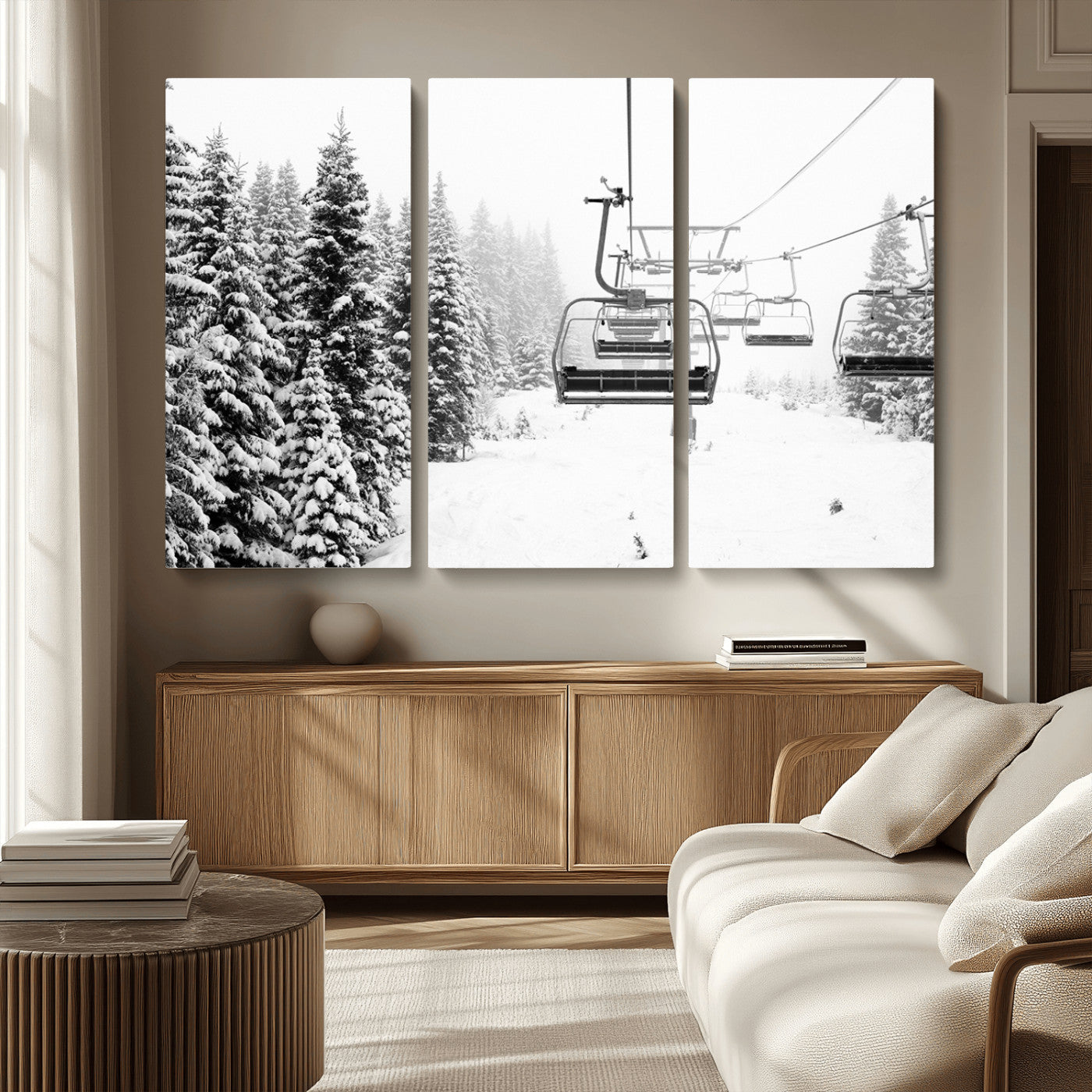Black and white canvas of empty ski lifts over a snowy pine forest, perfect for minimal winter or ski lodge-inspired decor.