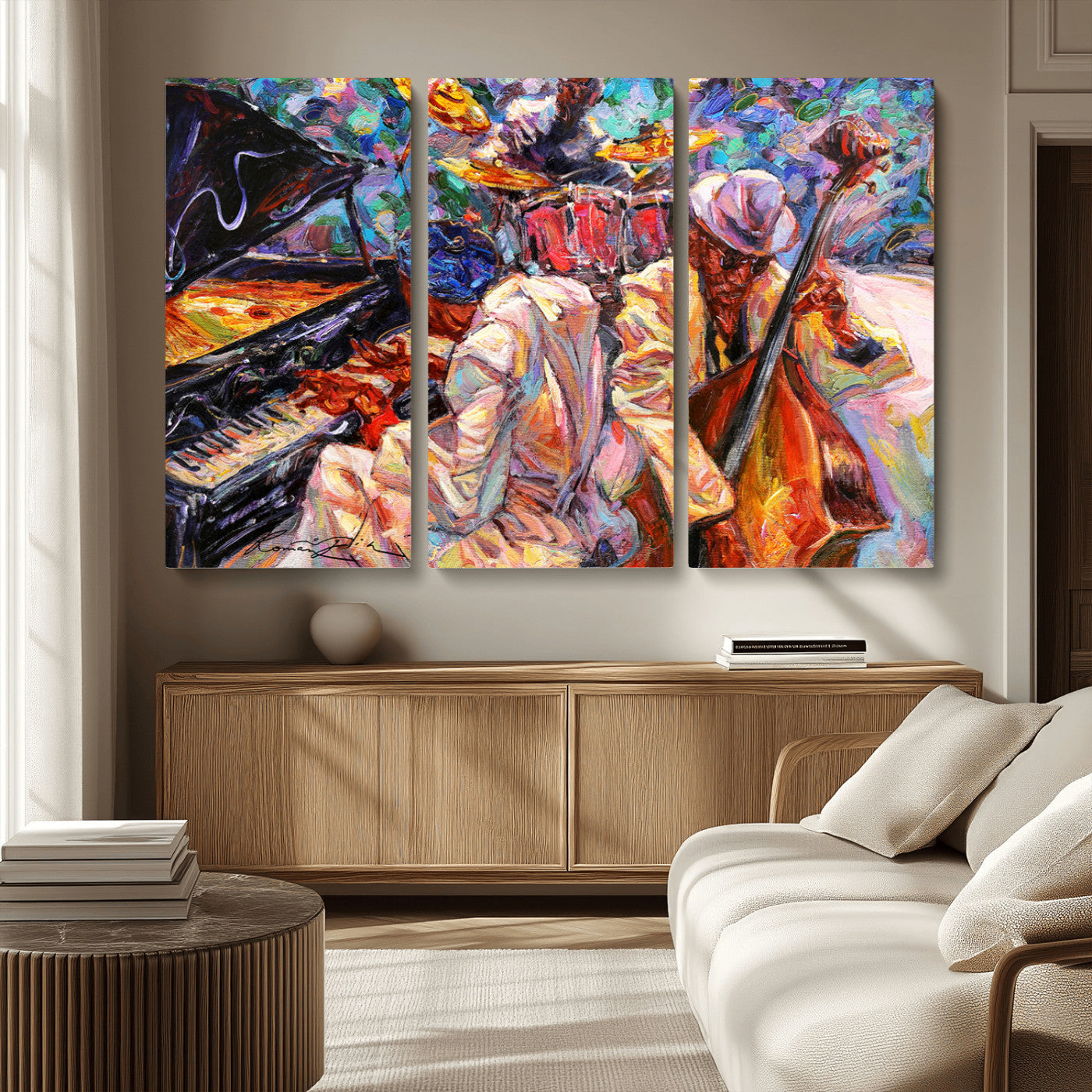 Vibrant oil painting of a jazz band with piano, saxophone, and bass, ideal for colorful and expressive music-themed home decor.