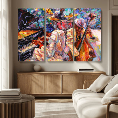 Vibrant oil painting of a jazz band with piano, saxophone, and bass, ideal for colorful and expressive music-themed home decor.