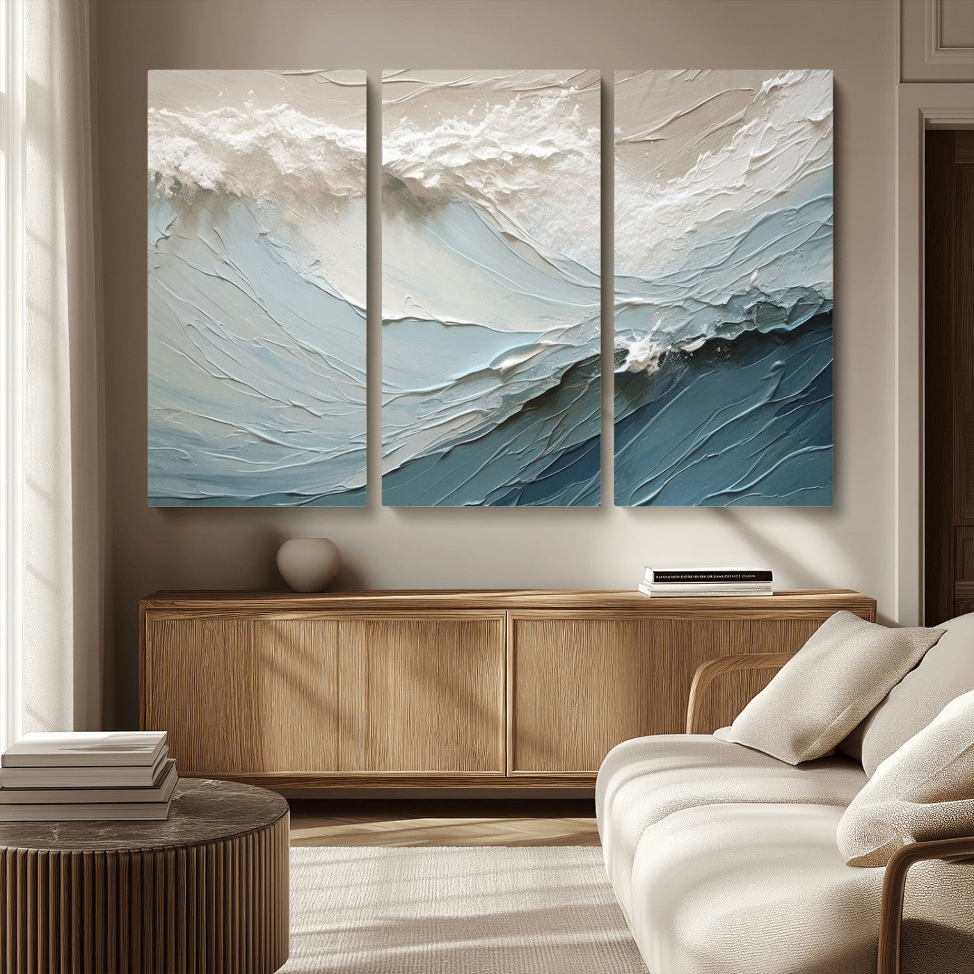Textured canvas of ocean waves in soft coastal blues and creamy whites, ideal for modern or minimalist coastal-style interiors.