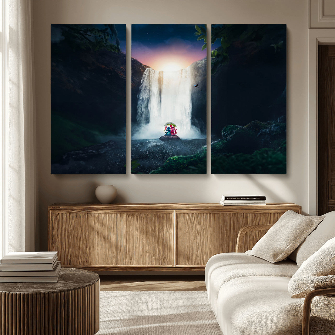Romantic scene of Stitch and Angel sitting under a leaf in front of a glowing waterfall, ideal for tropical or fantasy-themed decor.