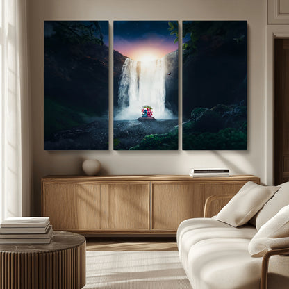 Romantic scene of Stitch and Angel sitting under a leaf in front of a glowing waterfall, ideal for tropical or fantasy-themed decor.