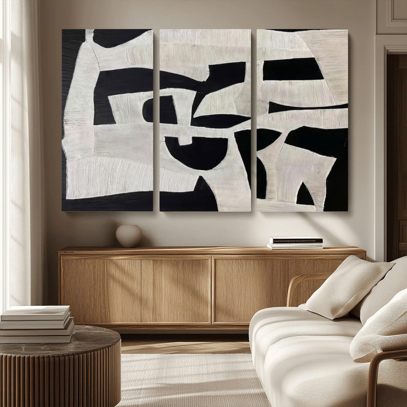 Minimalist black and white canvas featuring bold abstract textures and geometric shapes, ideal for modern neutral decor.