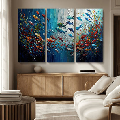 Colorful painting of fish swimming in abstract ocean swirls, perfect for vibrant marine-themed or expressive coastal home decor.