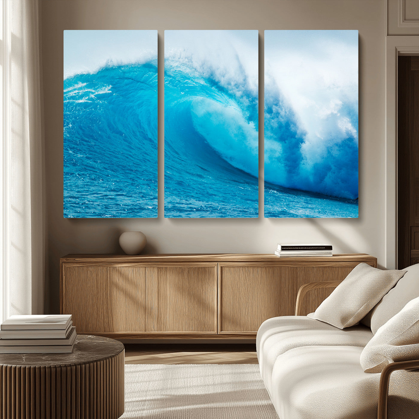 Vibrant canvas of a powerful curling ocean wave in tropical blue tones, perfect for coastal or surf-inspired decor settings.