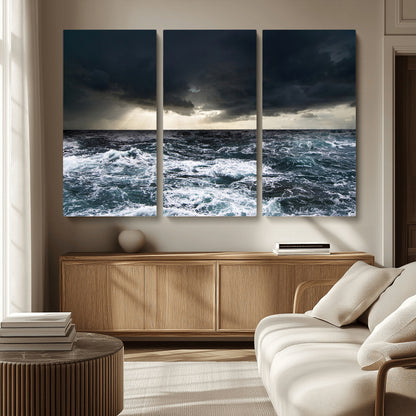 Moody ocean scene with stormy skies and crashing waves, perfect for dramatic or coastal-style home wall decor.