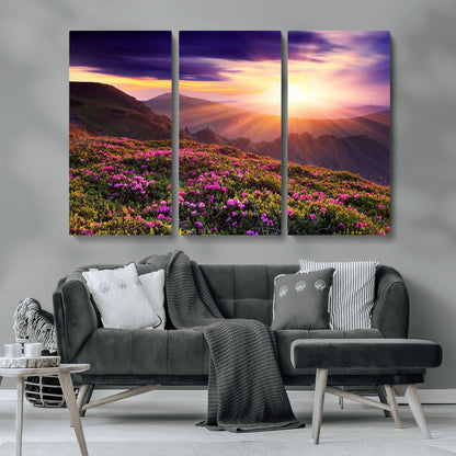-Mountain Sunrise Wall Art – Vibrant Floral Landscape Canvas Print, Nature Home Decor for Living Room, Bedroom Office or Cabin