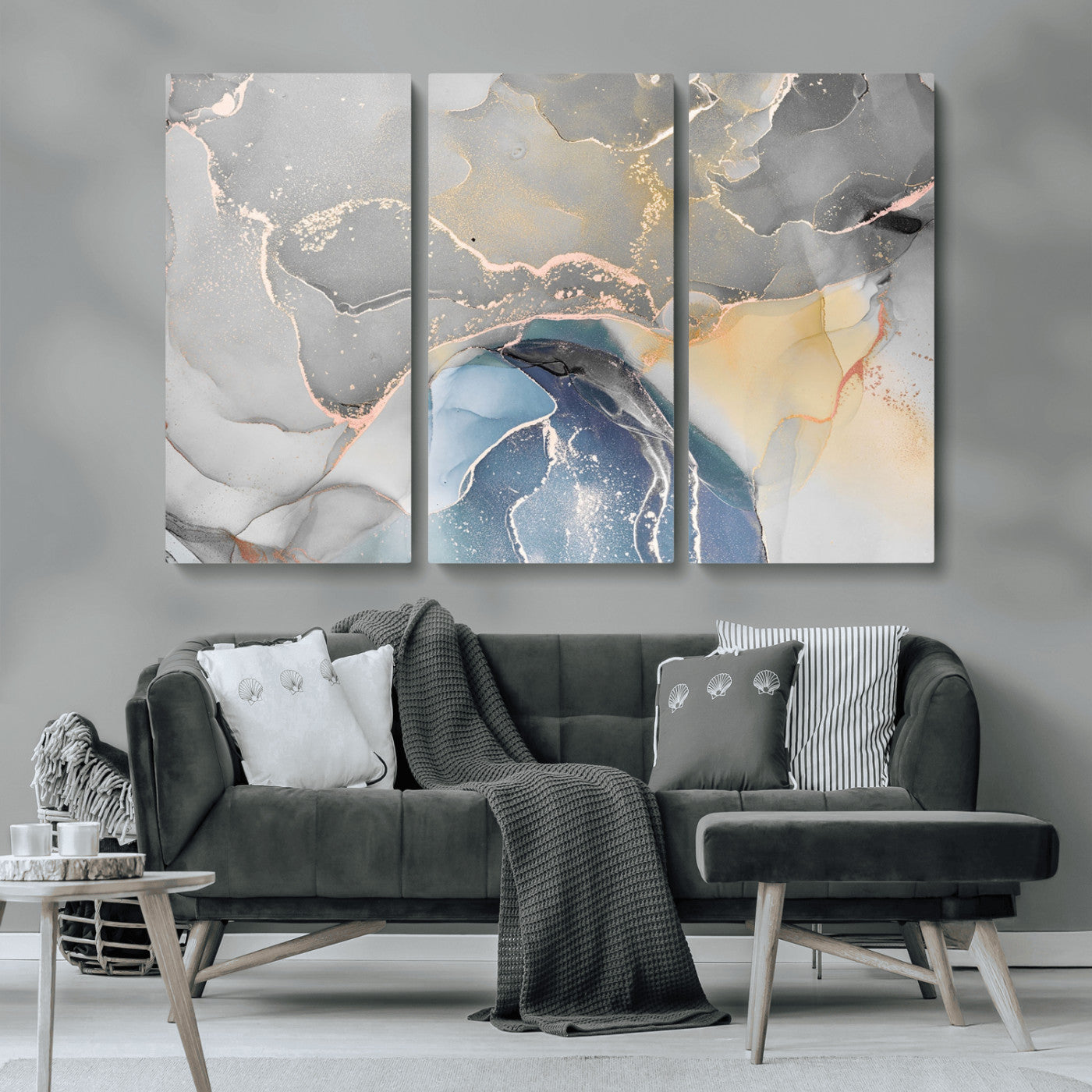 63211-MGV-CV-48X32-3P-Abstract Fluid Art Wall Decor – Blue, Gray & Gold Canvas Print, Modern Home and Office Wall Art Decor for Living Room, Bedroom or Workspace
