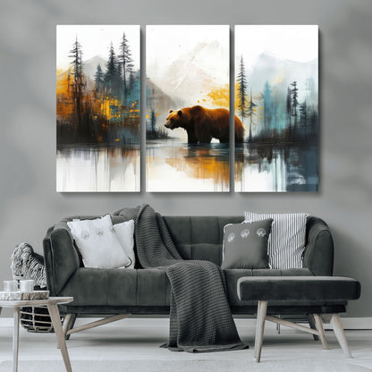 A majestic bear stands by the serene waters of a misty forest, surrounded by towering trees and distant mountains, evoking the raw beauty and wild spirit of nature.