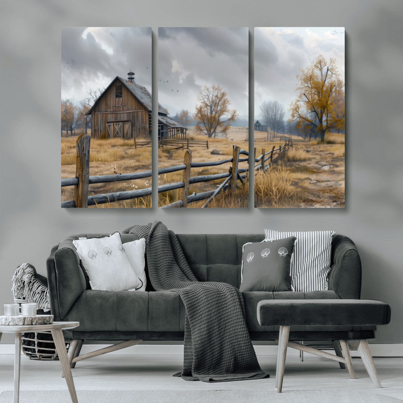 A tranquil rural scene featuring a rustic barn, overcast skies, and golden fields with scattered trees, evoking a sense of peaceful solitude in nature.