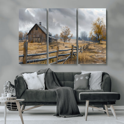A tranquil rural scene featuring a rustic barn, overcast skies, and golden fields with scattered trees, evoking a sense of peaceful solitude in nature.