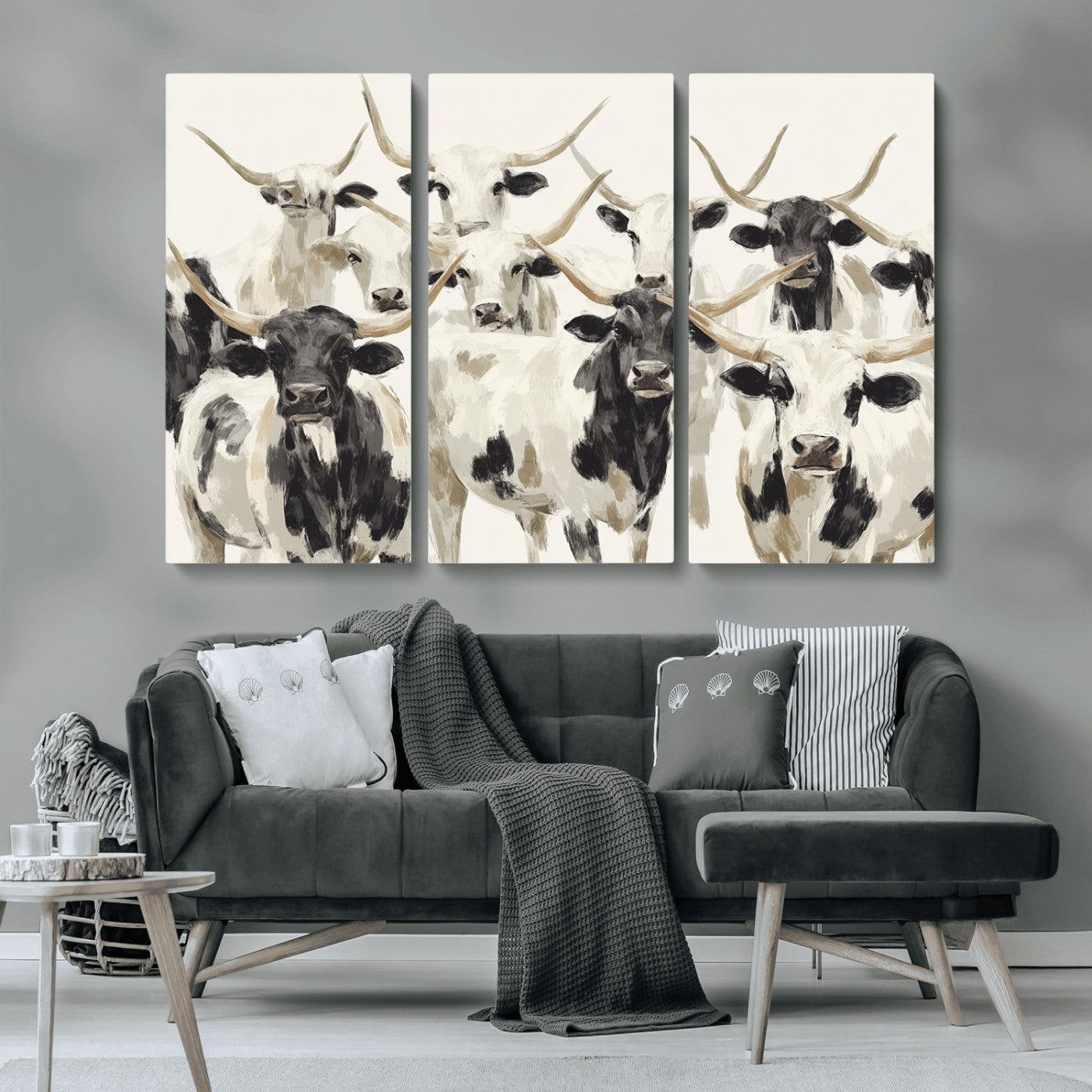 Canvas of a Texas Longhorn cattle herd in neutral black and white tones, ideal for rustic farmhouse or western-themed decor.