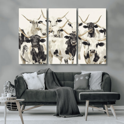 Canvas of a Texas Longhorn cattle herd in neutral black and white tones, ideal for rustic farmhouse or western-themed decor.