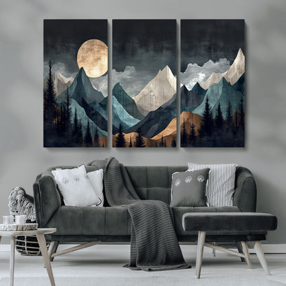 Stylized canvas of layered mountains under a full moon in neutral moody tones, ideal for nature-inspired or modern rustic interiors.