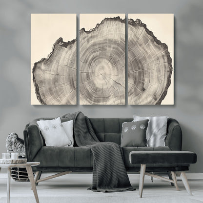 Detailed tree ring drawing in monochrome tones, ideal for rustic or nature-inspired interiors with a minimal decor aesthetic.