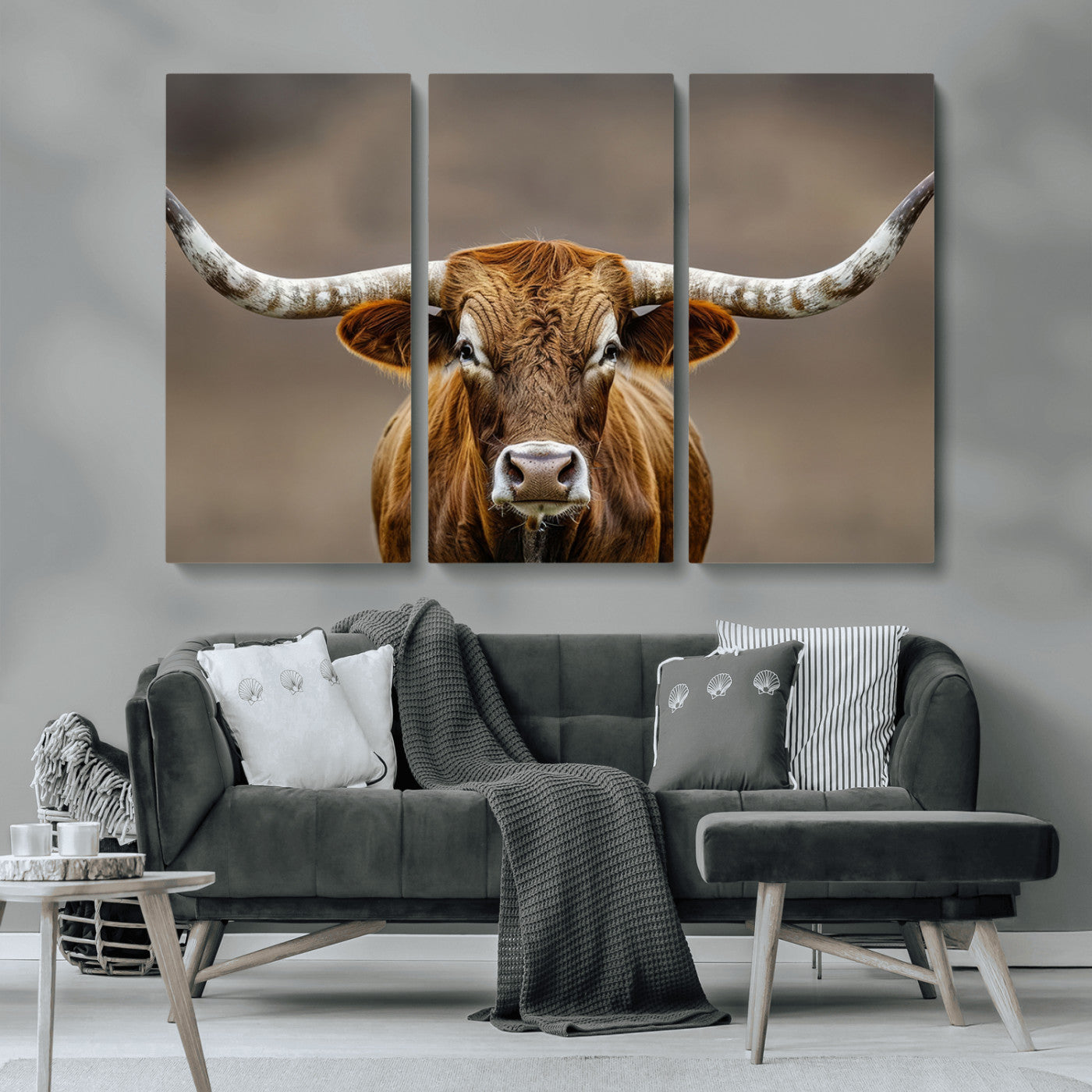 Close-up of a Texas Longhorn with strong curved horns and warm brown tones, perfect for rustic or western-style wall decor.