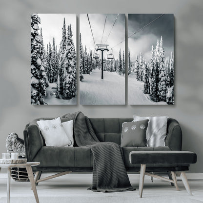 Canvas of a snowy ski lift scene through a forest of tall pine trees, ideal for moody winter or alpine-themed home decor.
