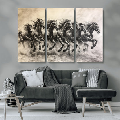 Monochrome drawing of a herd of galloping horses, perfect for dynamic and wild-themed decor in any equestrian or nature-inspired room.