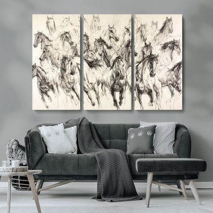 Monochrome ink sketch of galloping horses in dynamic motion, perfect for western or equine-themed wall decor with bold artistic energy.