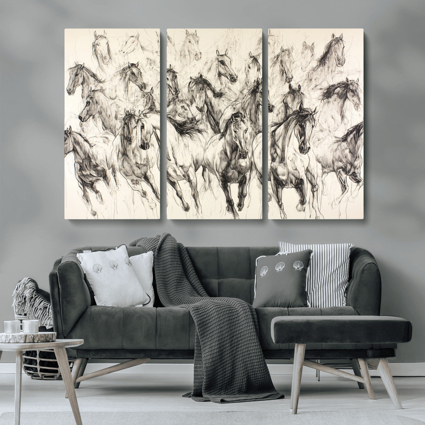Monochrome ink sketch of galloping horses in dynamic motion, perfect for western or equine-themed wall decor with bold artistic energy.