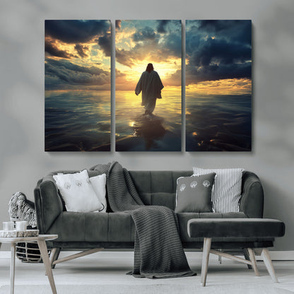 Spiritual artwork of Jesus walking on water at golden hour with divine light, ideal for Christian home decor or prayer room.