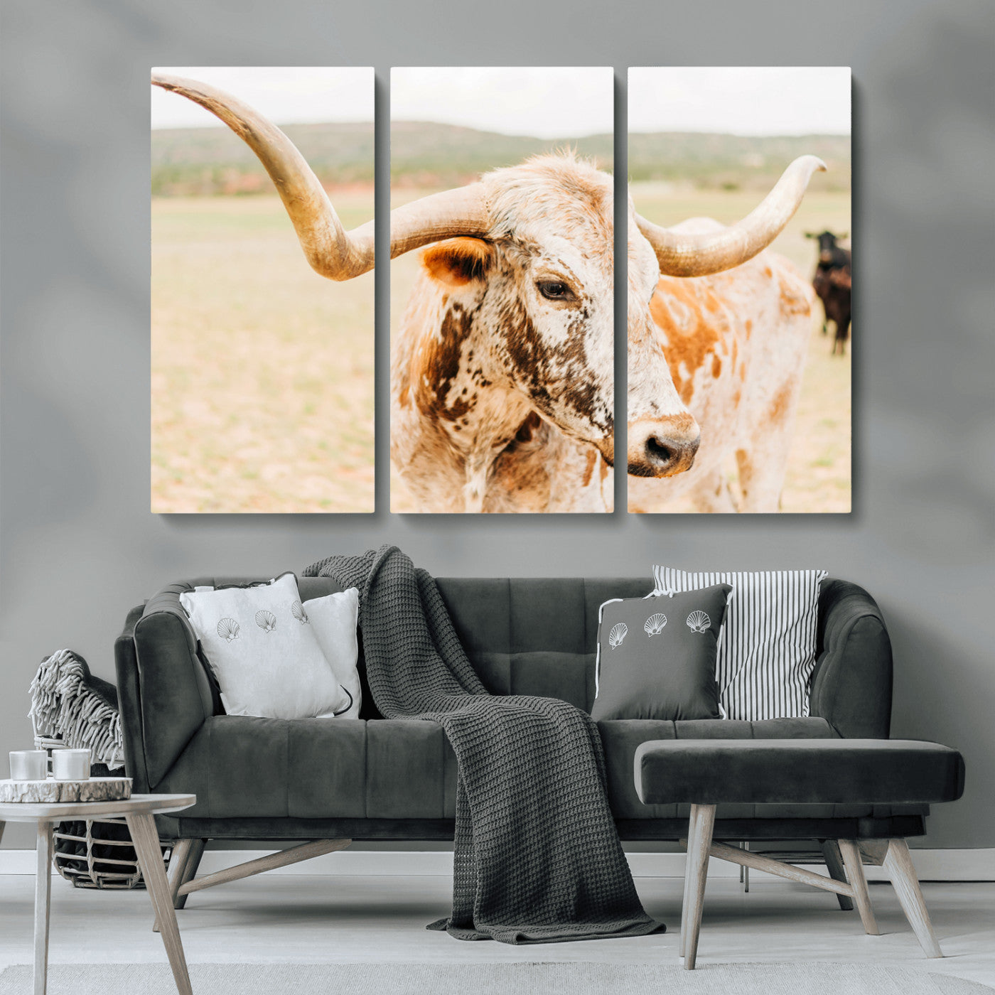 Close-up of a speckled Texas Longhorn in warm prairie tones, perfect for rustic western or countryside-themed room decor.